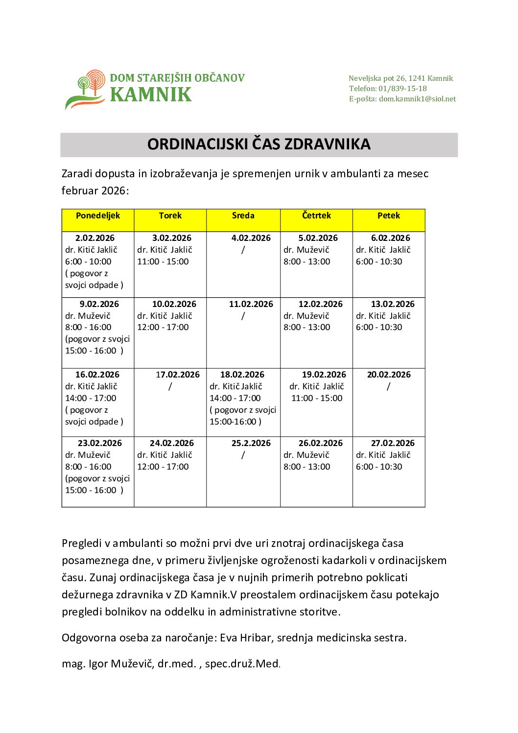 Ordinacijski čas zdravnika